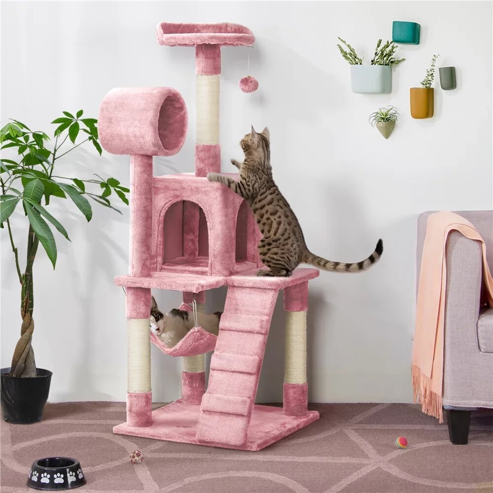 Arbre à chat à plusieurs niveaux de 51 pouces avec condo, rose, fournitures pour chats, supports d'escalade pour chats, jouets pour chats, pour que les chats puissent jouer joyeusement à la maison