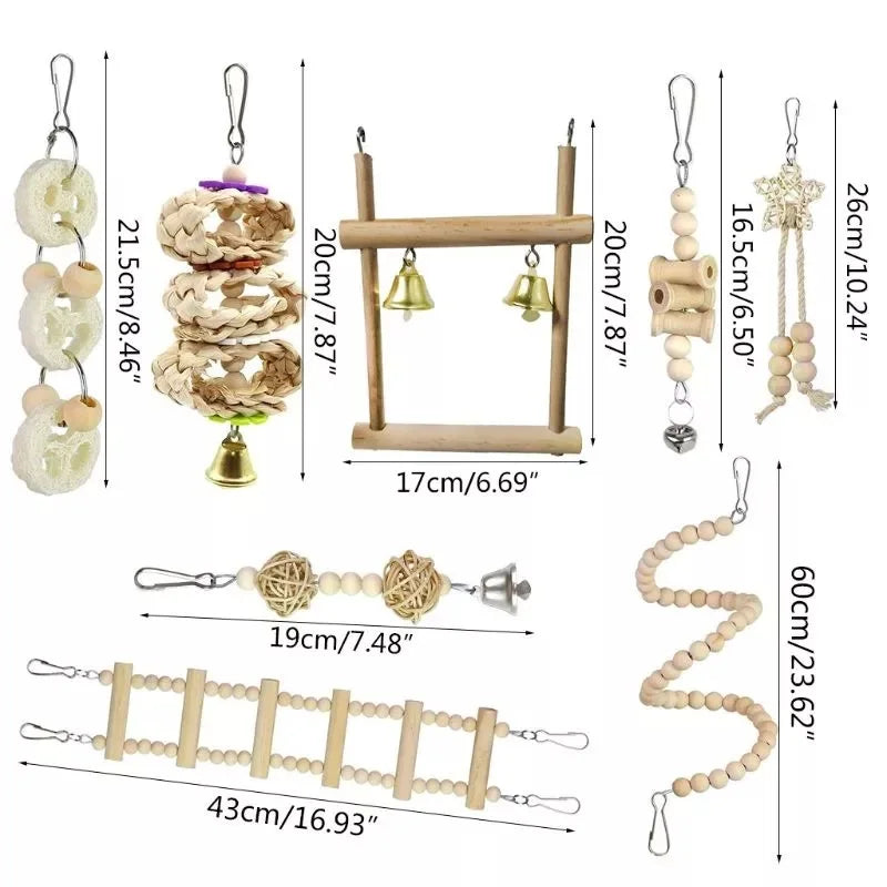 Cage à oiseaux en bois, 8 pièces, jouets pour perroquets, balançoire, fiable, à croquer, pont de morsure, perles en bois, ensemble de jouets pour perroquets