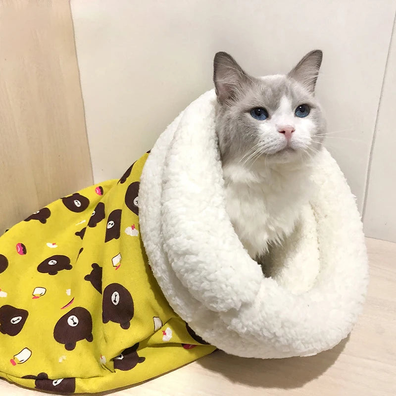 Saco de dormir de gato cálido para invierno, colcha gruesa de tacto esponjoso para mascotas, cama para gatitos y cachorros, nido suave y cómodo, suministros para mascotas