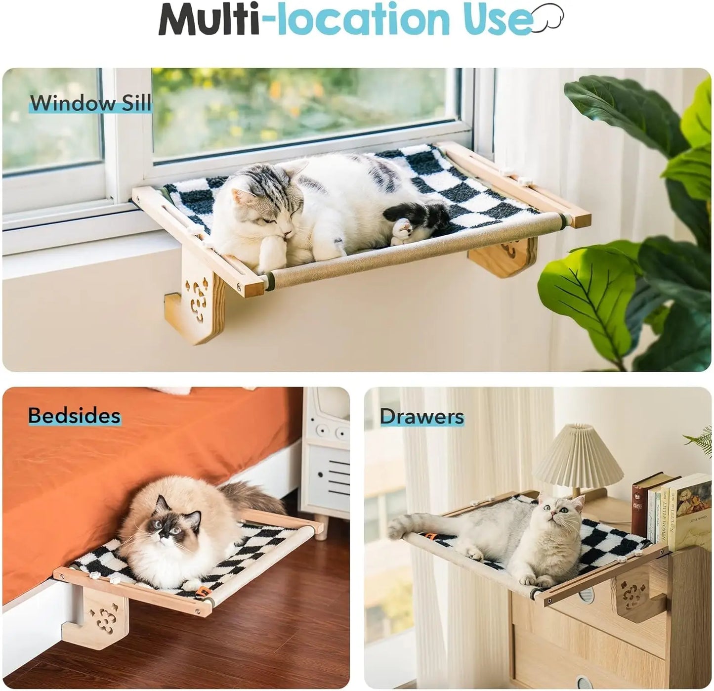 Mewoofun Sturdy Cat Window Perch Hammock Bed with Wood Metal Frame for Cats Easy to Assemble for Windowsill Bedside and Cabinet