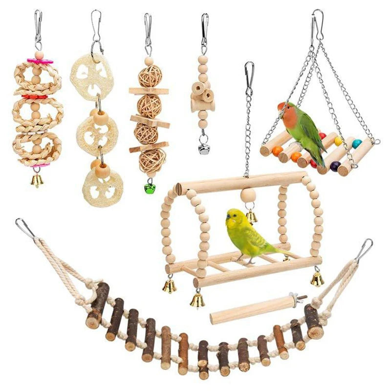 Ensemble de 8 pièces de jouets pour perroquets et oiseaux, Articles en bois, morsure d'animaux de compagnie, jouets pour perroquets, entraînement, jouet d'oiseau, balançoire, cloche debout