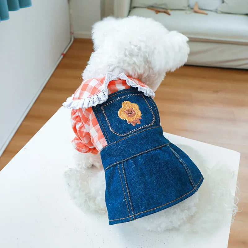 1PC Pet Apparel Dog Spring and Autumn Slim Fit Orange Plaid Lace Shirt Denim Strap Princess Dress For Small Medium Dogs