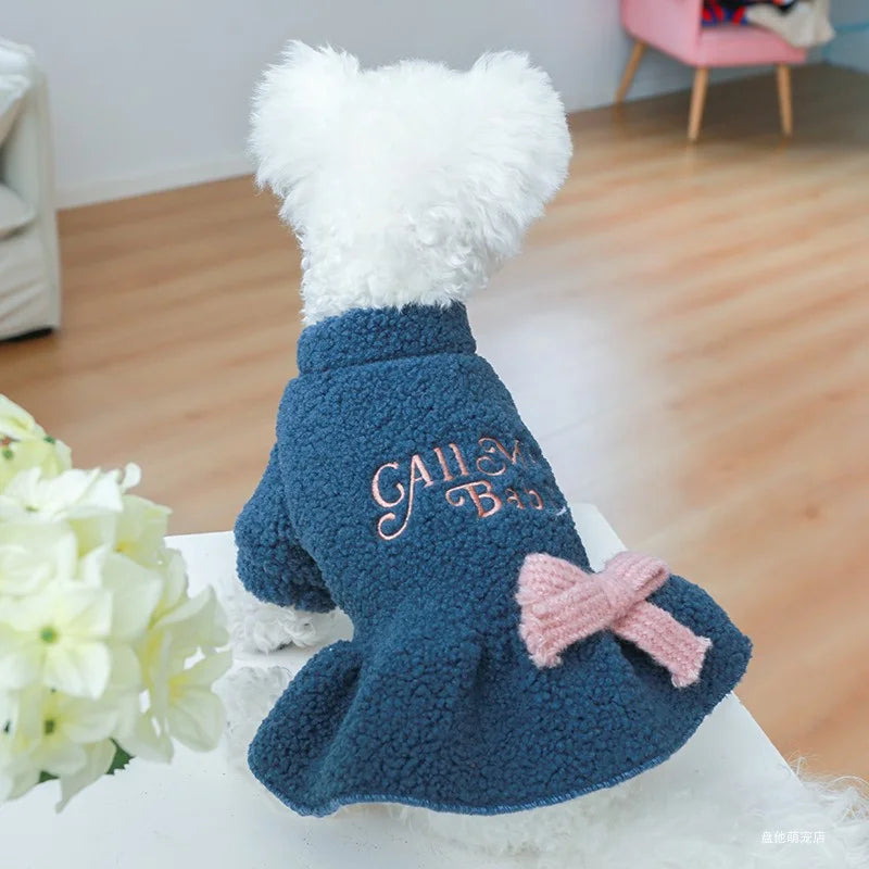 Ropa para mascotas, vestido de princesa con lazo azul cálido y grueso de felpa para otoño e invierno, para perros pequeños y medianos, 1 unidad