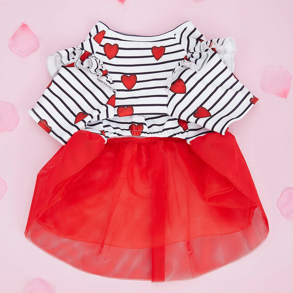 Stripe and Red Hearts Valentine's Day Dog Tulle Dress, Flutter Sleeve Dog Clothes for Small Dogs Girl, Cat Apparel