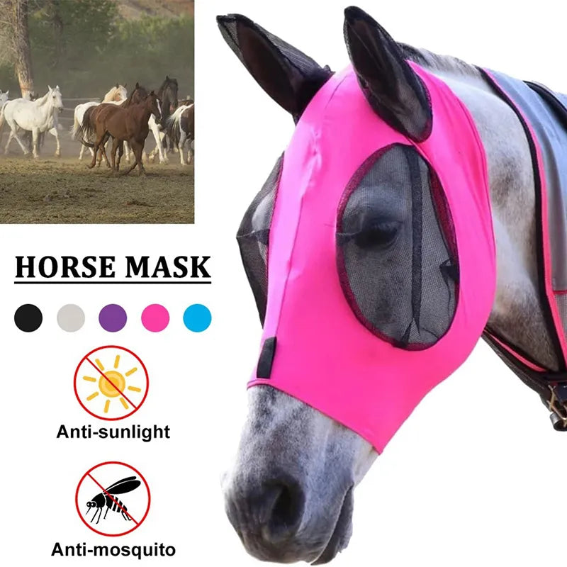 1pc Anti-Fly Mesh Equine Mask Horse Fly Mask Long Nose With Ears Horse Mask Stretch Bug Eye Horse Fly Mask With Covered Ears