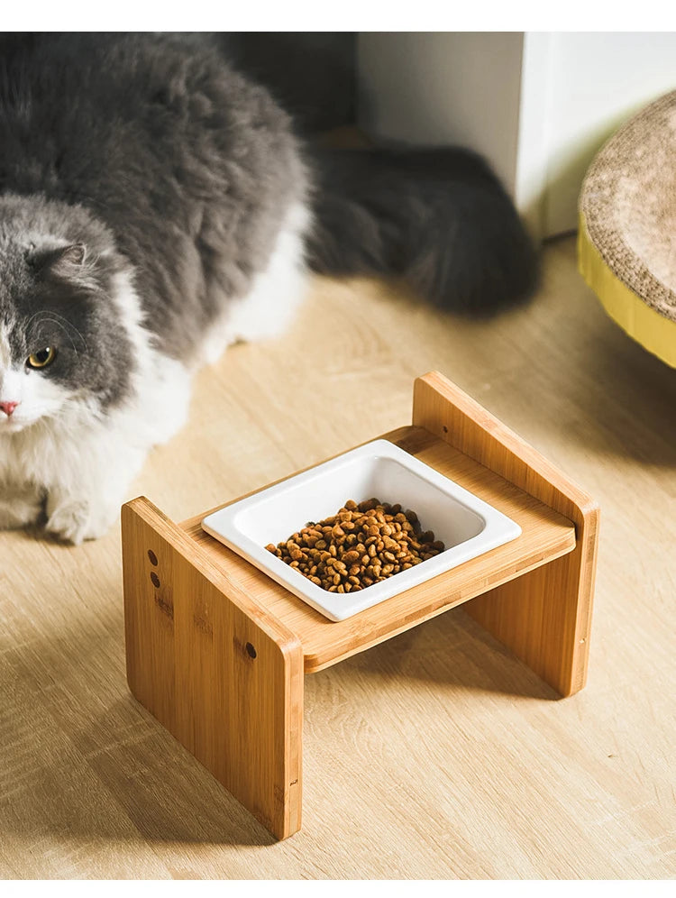 Cuencos triples dobles para gatos, comederos de agua de cerámica para mascotas con soporte de bambú, cuenco elevado para comer y beber para perros cachorros