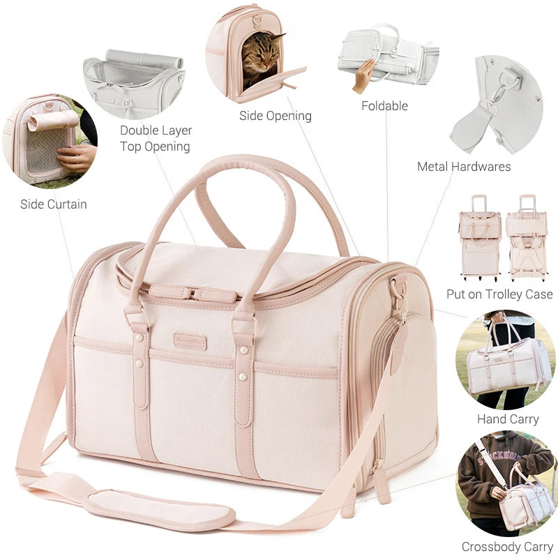 Oxofrd Sac de Transport pour Animaux de Compagnie de Luxe pour Petits Chiens Sac de Voyage Portable Rose Nude Respirant Anti-Rayures Sac à Main pour Animaux de Compagnie Fourre-Tout Pliable