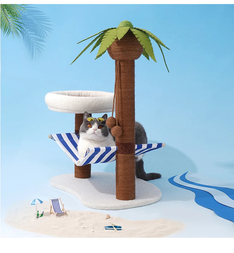 Postes rascadores para gatos, árbol de coco para mascotas, torre de modelado para rascar, marco de escalada para gatos, juguetes con hamaca y cama con estera