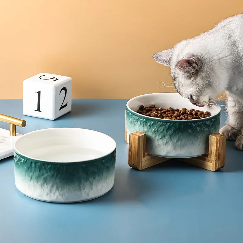 850ml Cat Ceramic Bowl Double Pet Food Water Feeders Gradient Dogs Drinking Eating Bowls with Wooden Stand