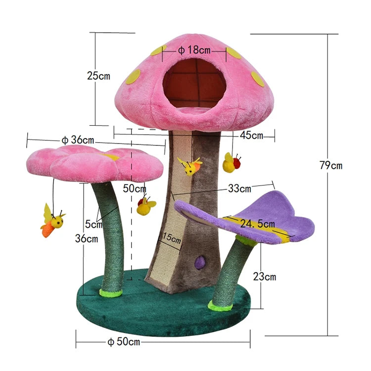 Árbol para gatos de felpa con seta de flores, árbol trepador cómodo y seguro, juego de setas pequeñas, juguetes para mascotas, cama de juego