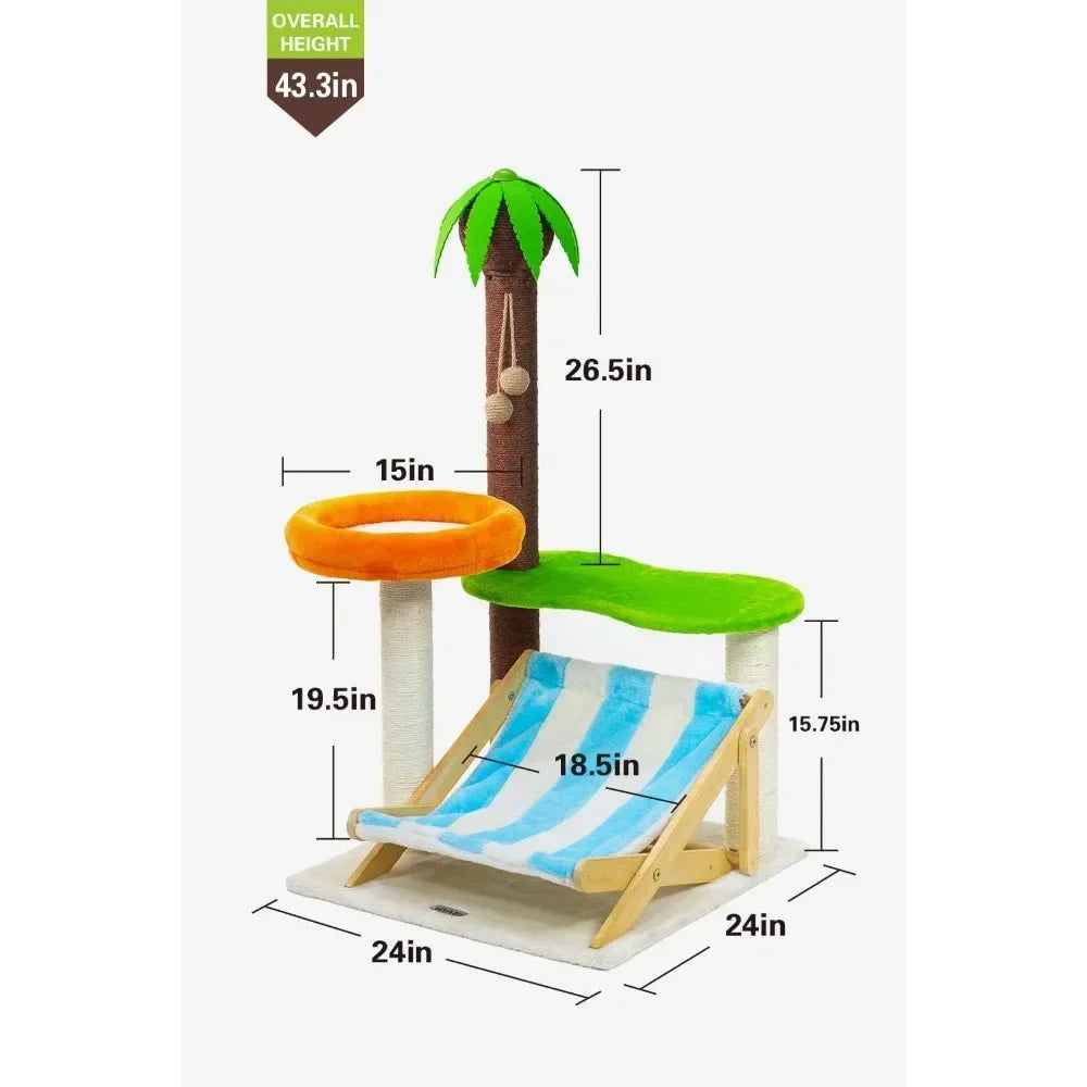 43.3 Inch Cat Coconut Tree Deck, Cat Tree Tower Condo Furniture Plush Apartment Cat Tree