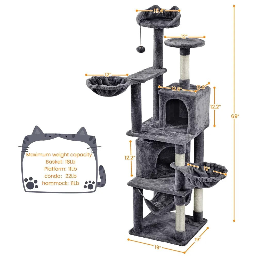 Torres de árbol para gatos de varios niveles con condominio doble para gatos gatitos, gris oscuro, juguetes para gatos, para que los gatos puedan jugar felices en casa