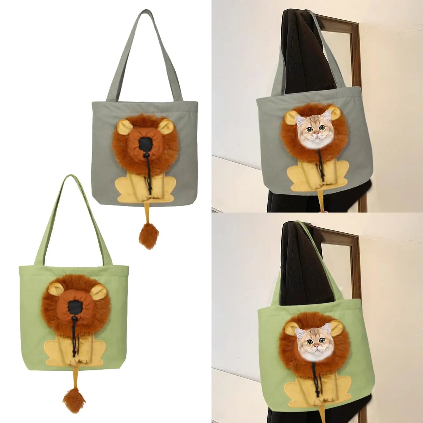 Bolsa de transporte portátil para gatos, bolsa de transporte de viaje con asa, bonita lona transpirable con forma de León para caminar con animales pequeños