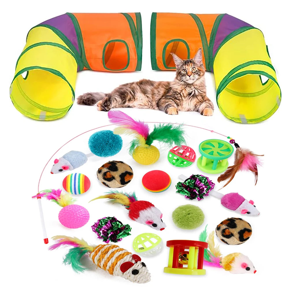 Juego de juguetes interactivos para gatos de interior con forma de L plegable, túnel de juego para gatos, tienda de campaña, varita para gatos, resortes para gatos, juguete para ratón