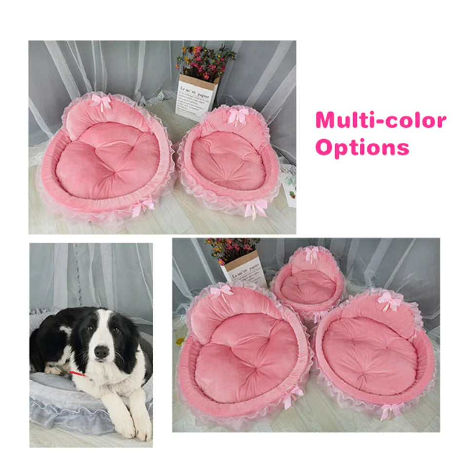 Hanpanda-cama para perros de encaje con lazo de fantasía, camas para perros grandes, cama desmontable ovalada de princesa rosa para mascotas, cesta para perros, muebles de boda para mascotas