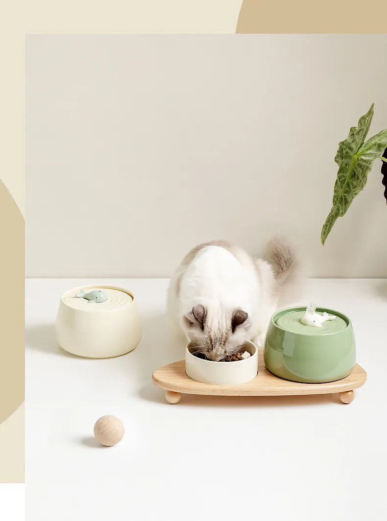 1300ml Cat Water Fountain Ceramic USB Charging Pet Drinker with Filter Small Dogs Water Dispenser with Wooden Stand Bowls