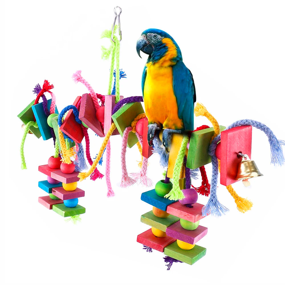 Wood Parrot Bird Toys Hanging Rope Pet Ladder Multicolored Wooden Cotton Rope Birds Chewing Toy Training Hang Swing Pet Supplies