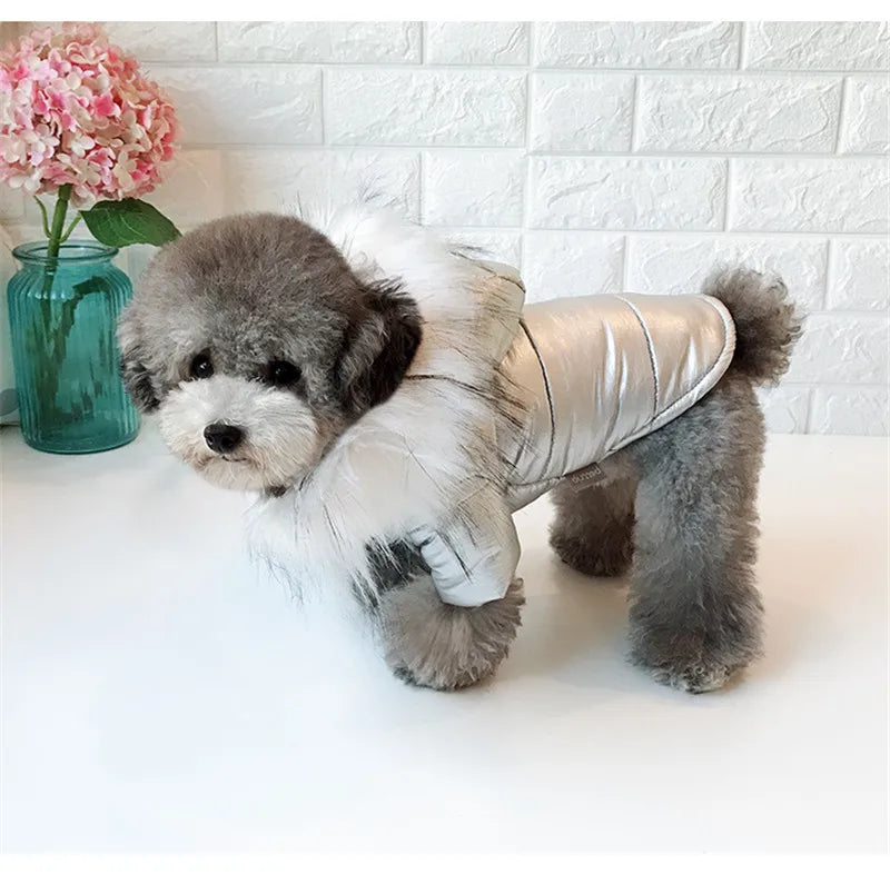 Winter Dog Clothes Luxury Fur Collar Coat for Small Dogs Waterproof Dirt-Proof Puffy Pet Jacket with Removable Hood for Yorkies