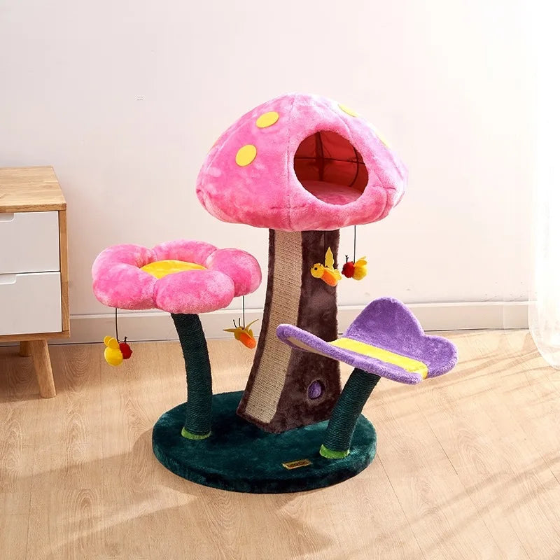 Árbol para gatos de felpa con seta de flores, árbol trepador cómodo y seguro, juego de setas pequeñas, juguetes para mascotas, cama de juego