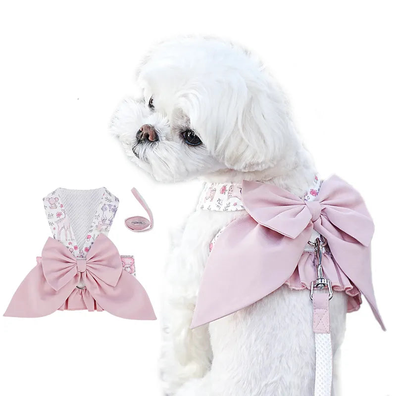 Vestido de arnés para perros pequeños con lazo grande y volantes, conjunto de arnés y correa para cachorros, chaleco con arnés lindo para perros y accesorios para Yorkie Chihuahua