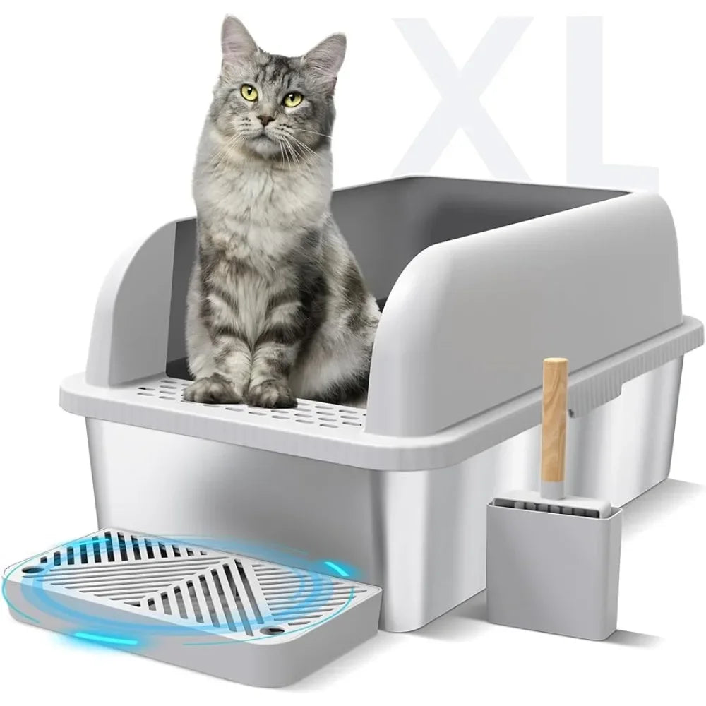 Suzzipaws Enclosed Stainless Steel Cat Litter Box with Lid Extra Anti-Leakage Easy Cleaning  Large Litter Box for Big Cats