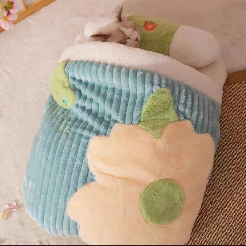 Cama de Gato japonesa Sakura cálida, saco de dormir para gatos, sueño profundo, casa para perros, nido para gatos, cojín con almohada, productos extraíbles para mascotas