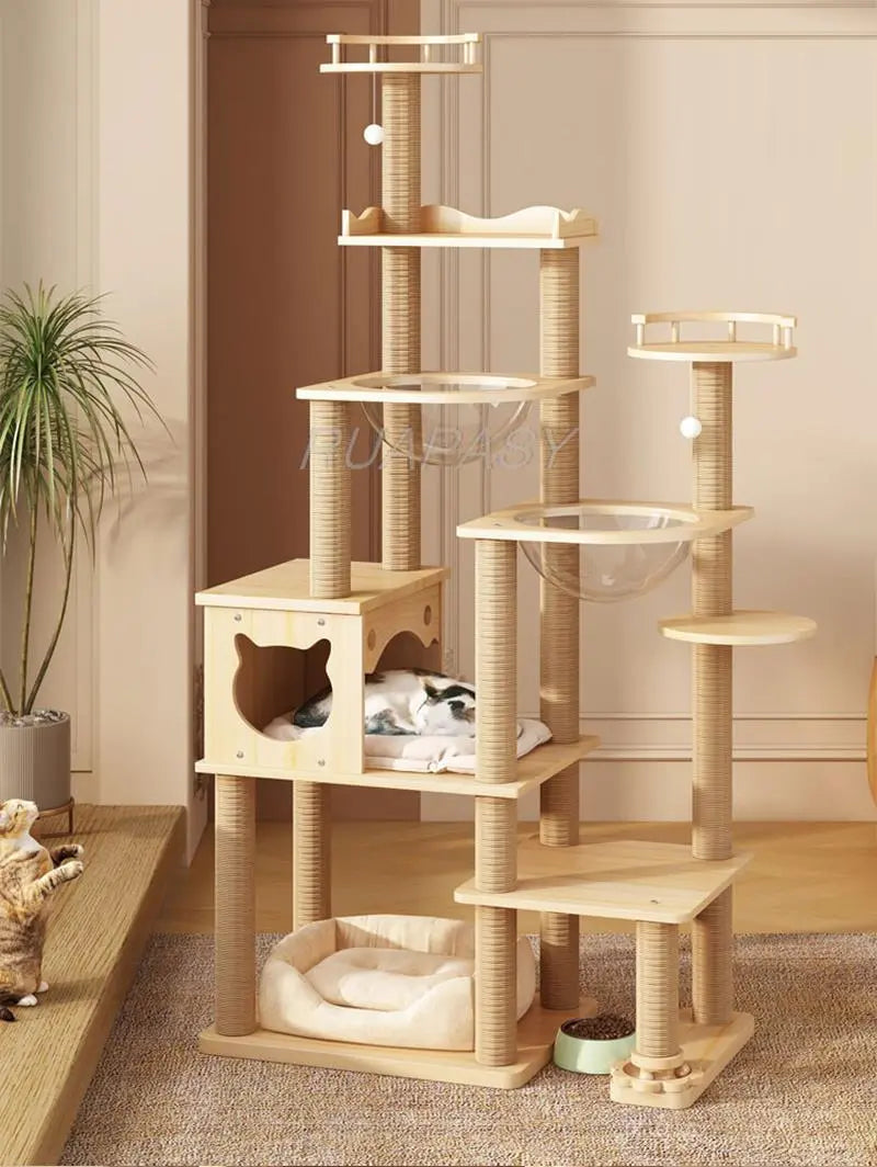 Grand arbre à chat à plusieurs niveaux, étagère d'escalade en bois, capsule spatiale, Post Condo, arbre à chat en sisal, plate-forme de saut à gratter, tour de perchoir, lit jouet