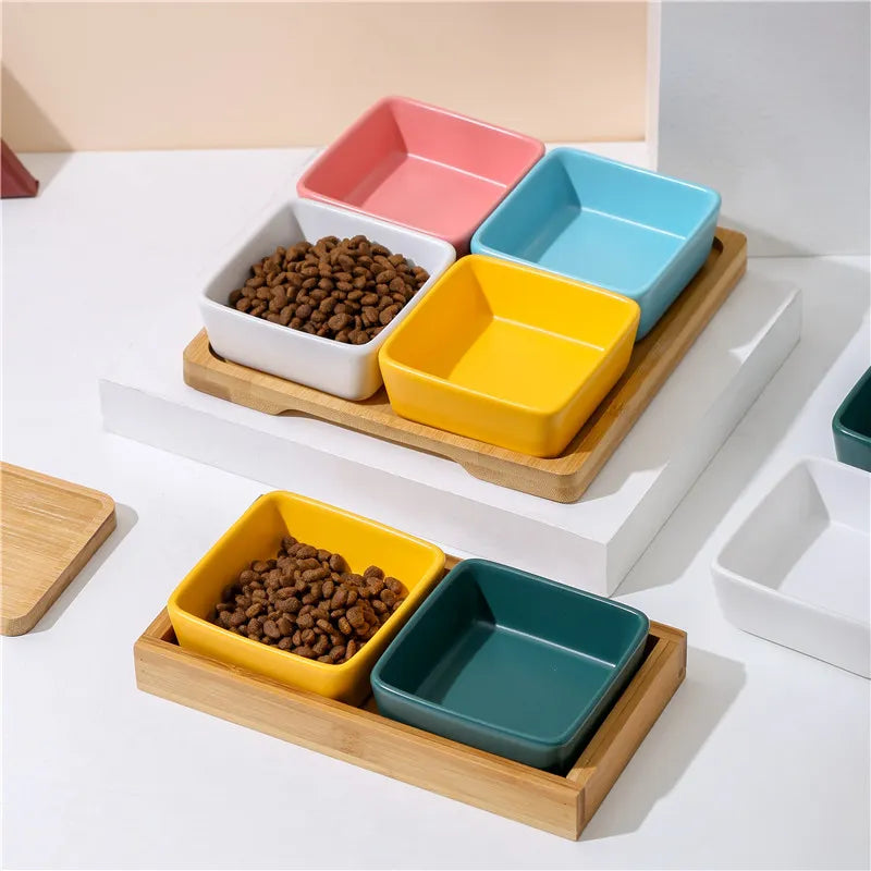 Bol carré en céramique pour chat, Mini bols pour nourriture et eau pour petits chiens, mangeoire pour animaux de compagnie avec palettes en bois de bambou, plat