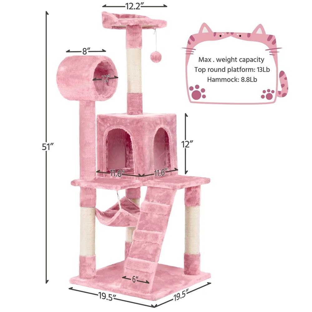 Arbre à chat à plusieurs niveaux de 51 pouces avec condo, rose, fournitures pour chats, supports d'escalade pour chats, jouets pour chats, pour que les chats puissent jouer joyeusement à la maison