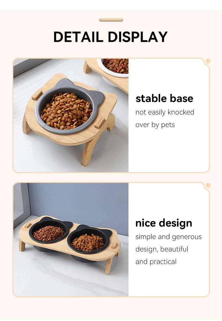 Bol en céramique pour chat, mangeoires d'eau et de nourriture pour petits chiens avec support en bois, Double boisson pour animaux de compagnie