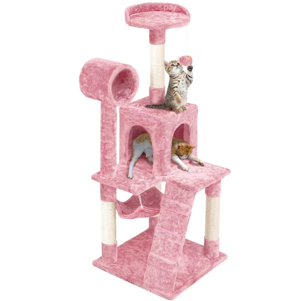 Arbre à chat à plusieurs niveaux de 51 pouces avec condo, rose, fournitures pour chats, supports d'escalade pour chats, jouets pour chats, pour que les chats puissent jouer joyeusement à la maison