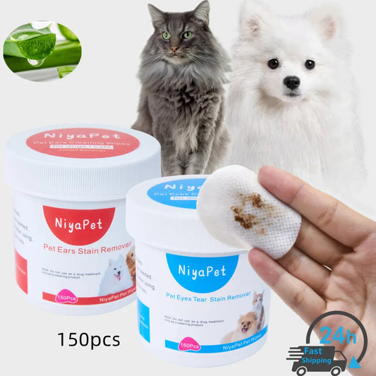 150 pièces lingettes pour animaux de compagnie chien chat yeux oreilles nettoyage serviettes en papier yeux larme détachant pour chiot chaton oreilles nettoyant fournitures de toilettage accessoires