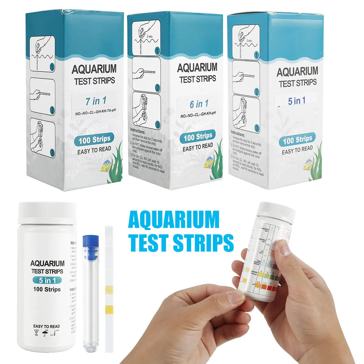 Tiras de prueba para acuario, tiras de prueba de calidad del agua 7 en 1, Kit de prueba para tanque de peces, agua dulce, agua salada, tiras de prueba de pH para agua de acuario, 100 Uds.