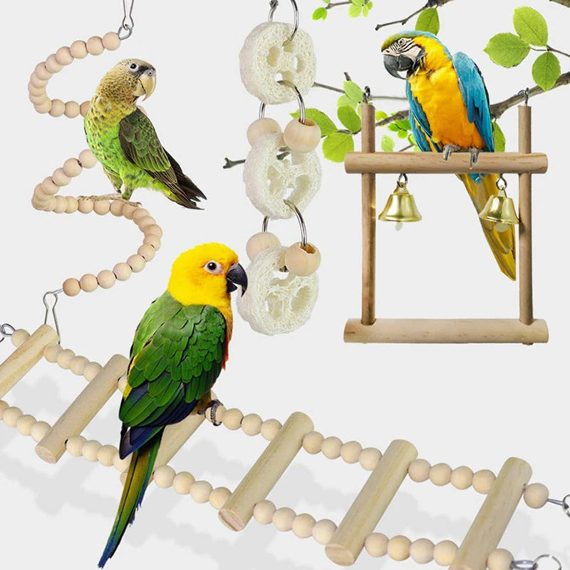 Cage à oiseaux en bois, 8 pièces, jouets pour perroquets, balançoire, fiable, à croquer, pont de morsure, perles en bois, ensemble de jouets pour perroquets