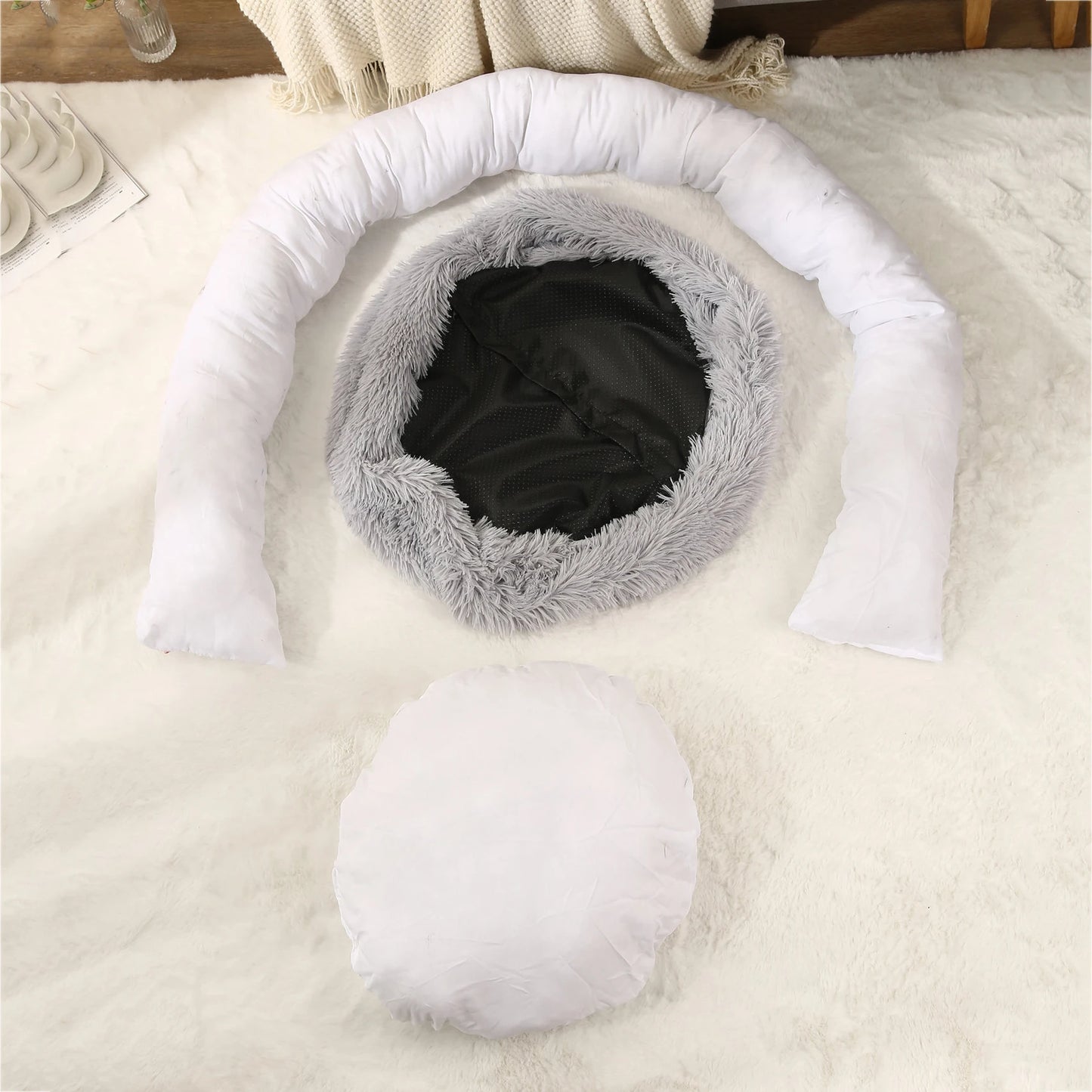 Lit rond en forme de beignet pour chien et chat, lavable, avec fermeture éclair, en peluche longue, de luxe, super doux et chaud, housse amovible, tapis de canapé