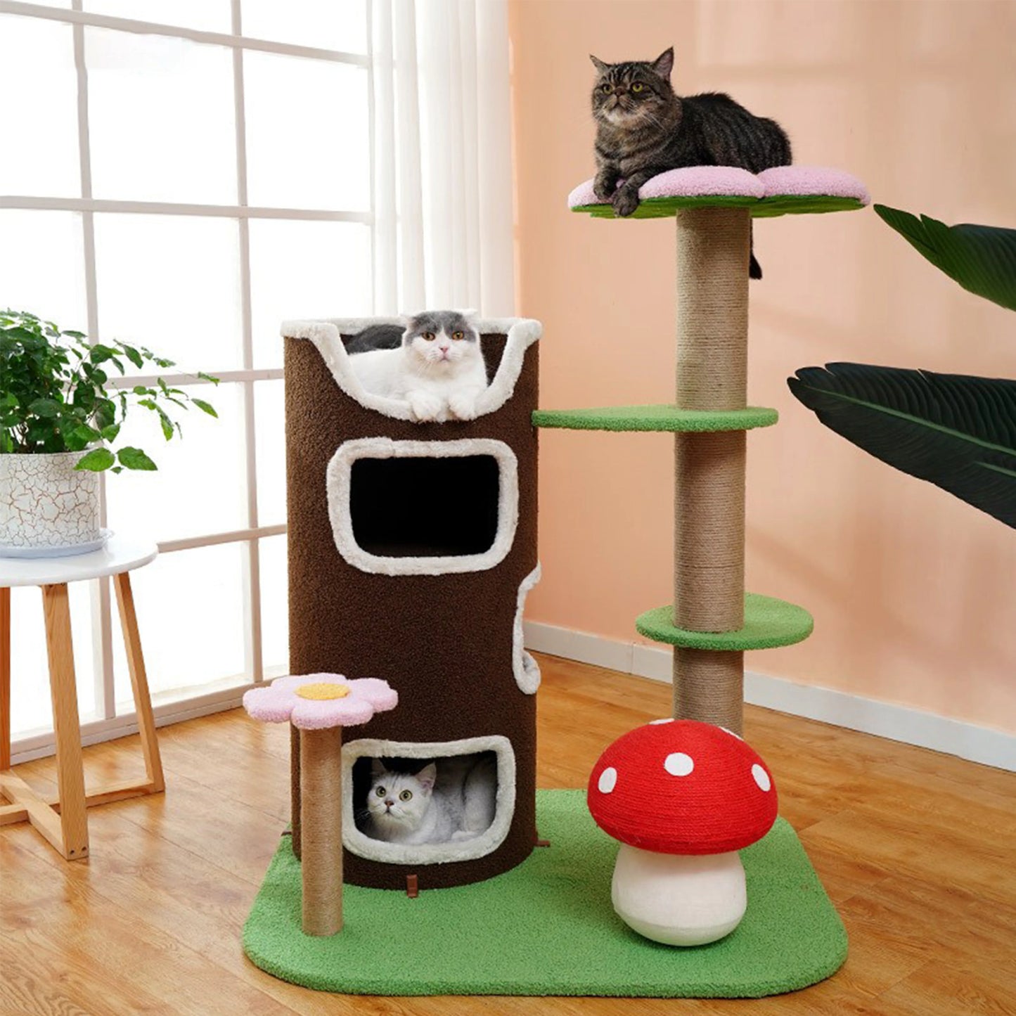 Cat Tree Towers for Large Cats, Pet Interactive Toy, Brown Green Pink Sisal Plush, Lint Flower, Tree Tower, Luxury, Game Bed