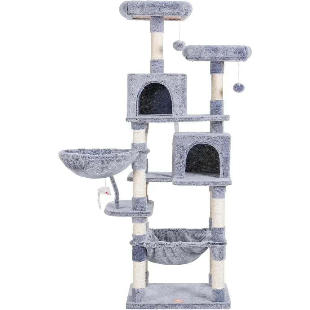 Arbre pour chats, hamac confortable et poteaux à gratter en sisal, tour à chat de 70 pouces de haut, avec jouet pour grands chats d'intérieur, produits pour animaux de compagnie