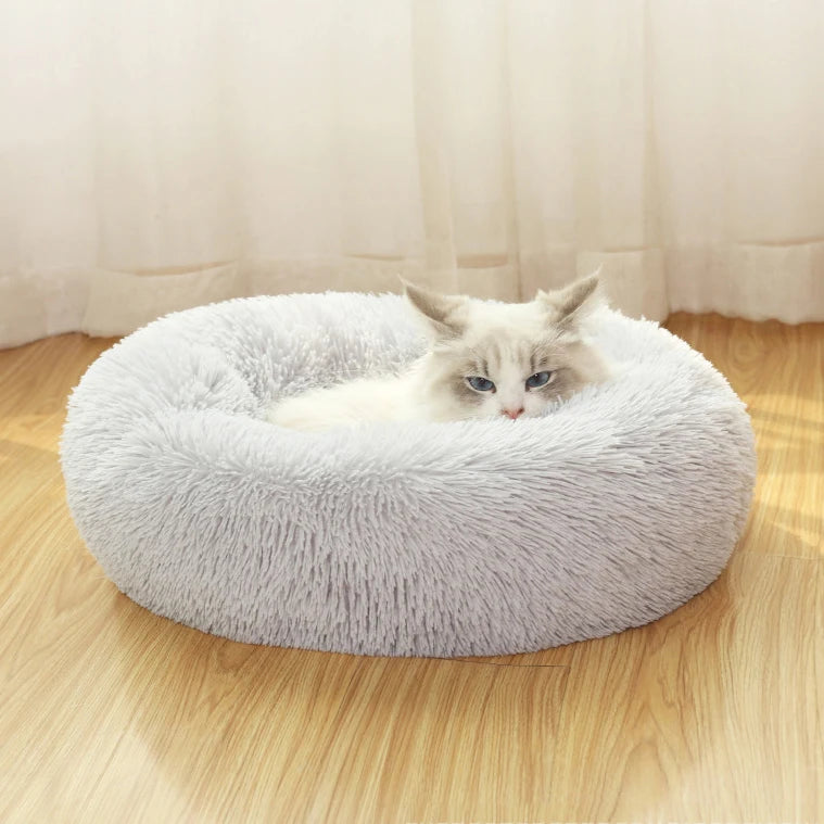 Lit rond en forme de beignet pour chien et chat, lavable, avec fermeture éclair, en peluche longue, de luxe, super doux et chaud, housse amovible, tapis de canapé