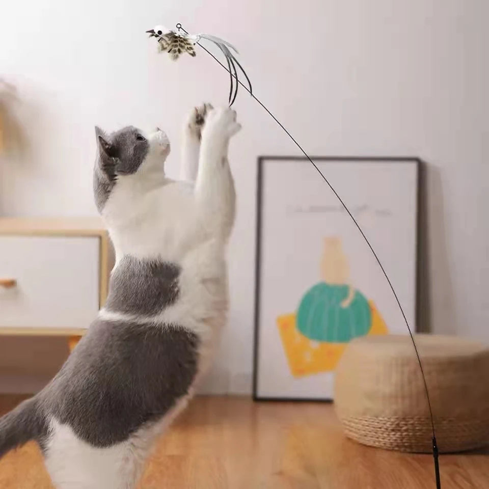 Pájaro de simulación interactivo divertido palo para gato juguete pluma peluda pájaro con campana ventosa palo para gato juguete gatito jugando accesorios para mascotas