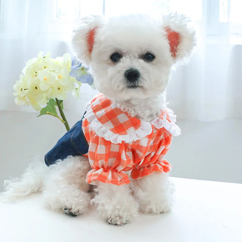 1PC Pet Apparel Dog Spring and Autumn Slim Fit Orange Plaid Lace Shirt Denim Strap Princess Dress For Small Medium Dogs