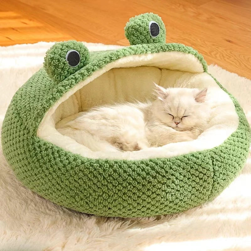 Cama para Gato, cama para perro pequeña, estera redonda de felpa con dibujos de ranas, cálida y profunda comodidad para dormir en invierno, casa para perros y gatos suave y transpirable, suministros para mascotas