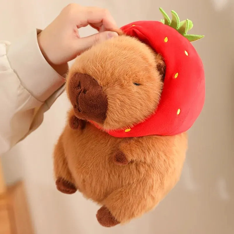 Capybara en peluche mignon Kawaii, avec sac de tortue, casquette de fraise, animaux en peluche, cadeau pour enfants, décoration de la maison