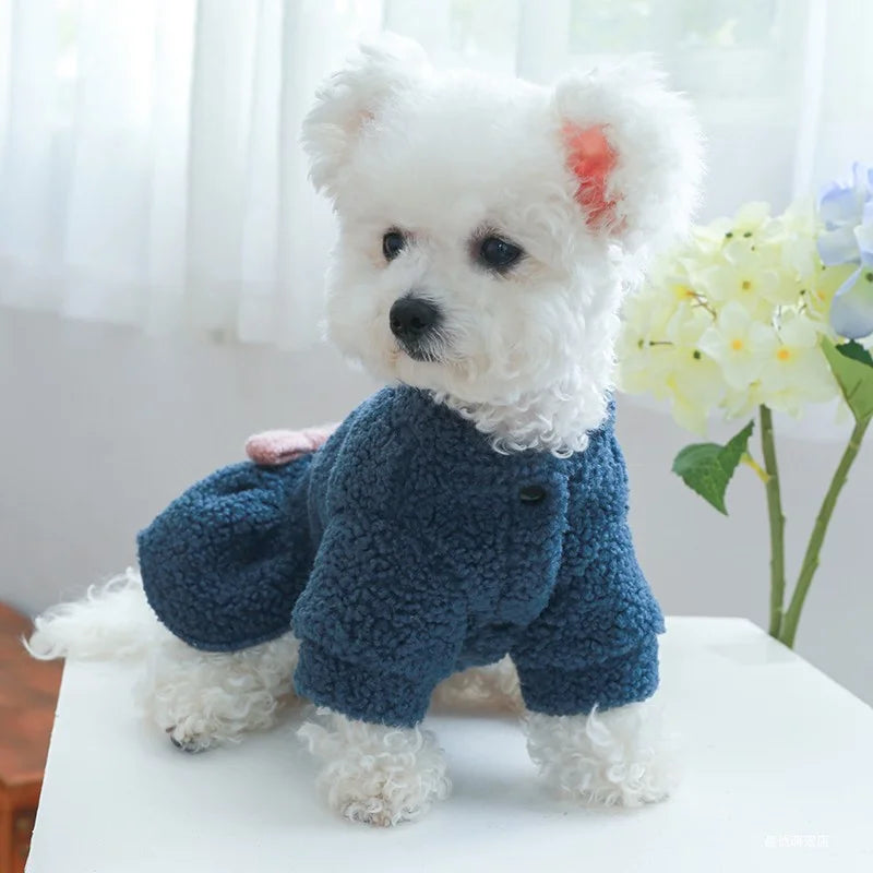 Vêtements pour animaux de compagnie, 1 pièce, automne et hiver, peluche épaisse, avec nœud bleu chaud, robe de princesse, adaptée aux chiens de petite et moyenne taille