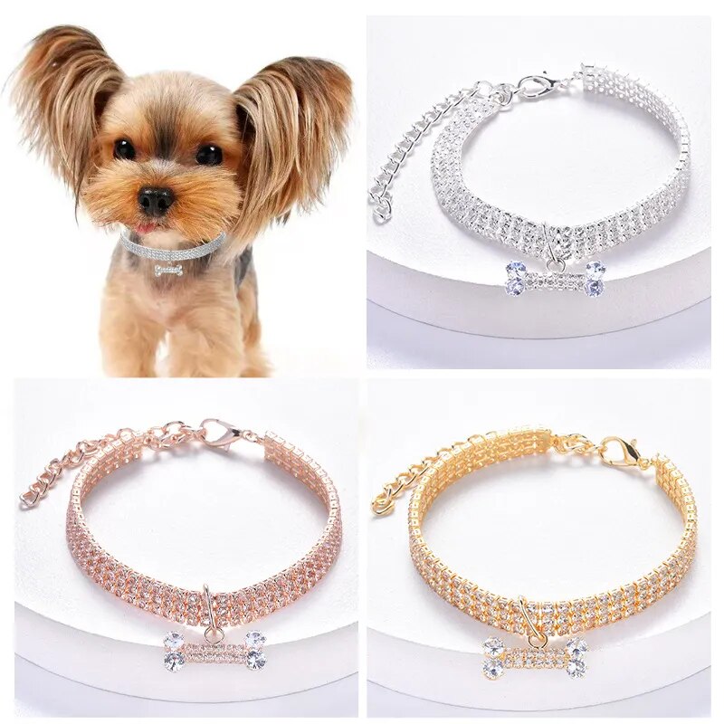 Adjustable Pet Necklace Cat Dog Collar with Diamond Zircon Bone Pendant Jewelry Luxury Metal Copper Puppy Collars Dog Supplies Accessories Fashion Style