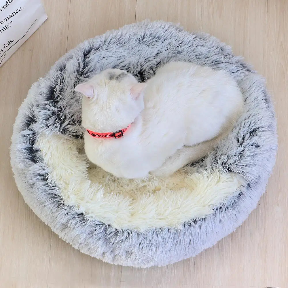 Soft Plush Round Cat Bed Winter Warm Long Plush Cat Cushion House 2 In 1 Sleeping Nest Kennel For Small Dogs Cats Accessories