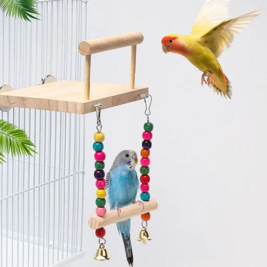 Columpio para pájaros, juguete de madera para loros, soporte para percha, puesto de juegos con cuentas para masticar, jaula, parque infantil para pájaros periquitos