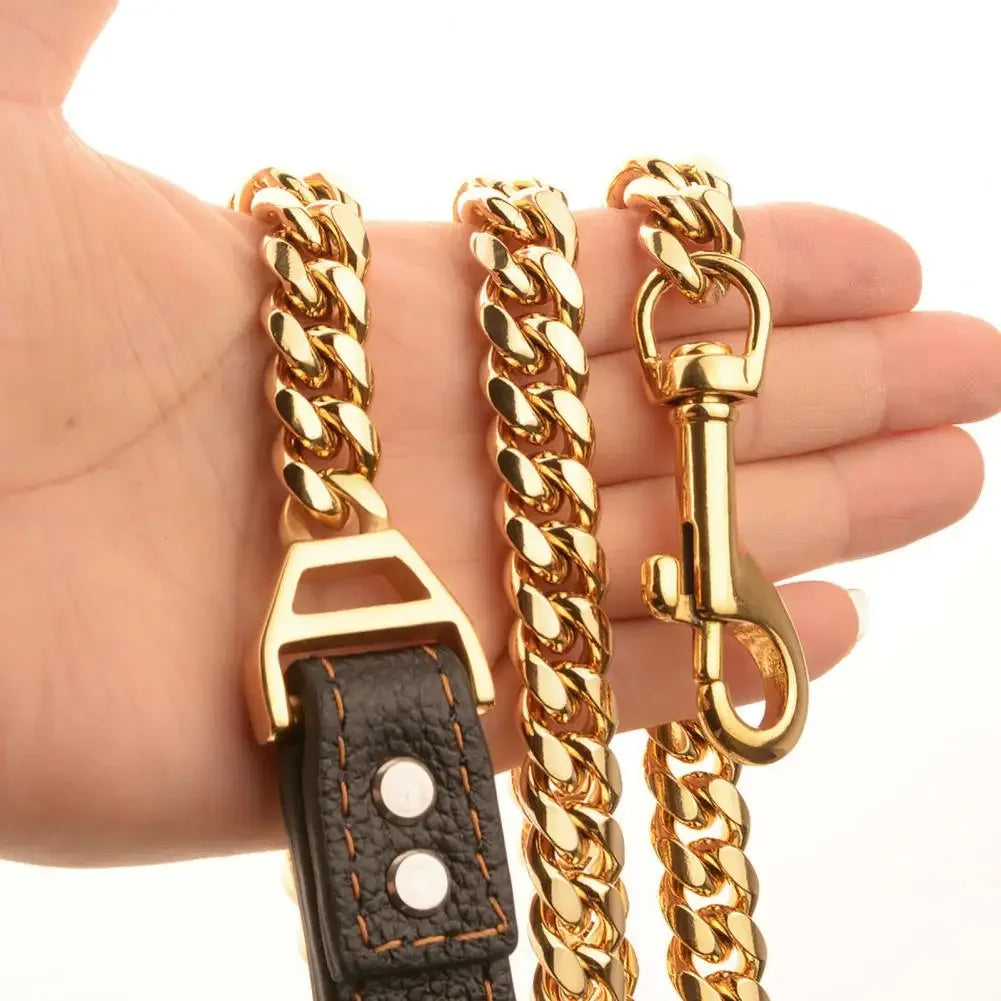 Traction Leash Faux Leather Strong Metal Cuba Stainless Steel Pet Chain for Dog Accessories