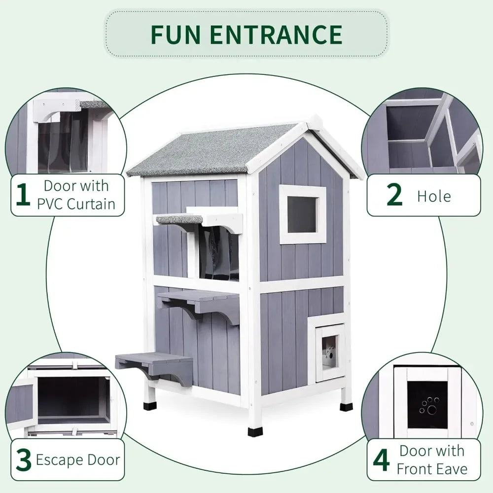 Wooden Two-Story Feral Cat Shelter With Openable Roof Cats Pet Products Escape Door Bed for Cats Outdoor Cat House Weatherproof