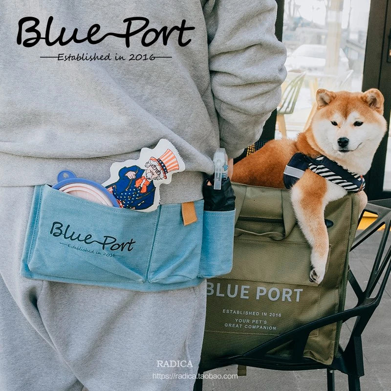 Paquete de cintura para mascotas con puerto azul, equipaje de mano multifuncional, accesorios de mezclilla para caminar al aire libre para perros, transportadores suaves