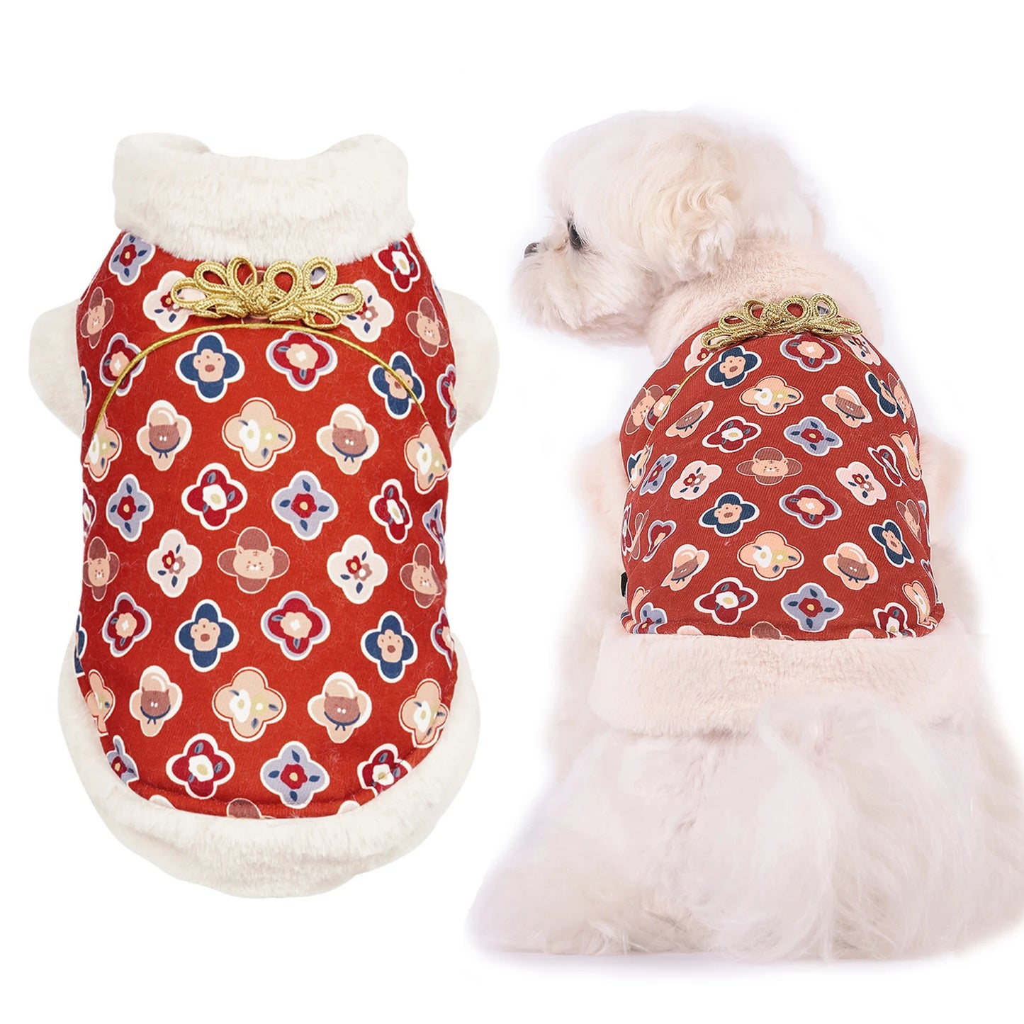 Chaleco de invierno para perros pequeños, abrigo para perros Cheongsam de estilo chino con botón de nudo dorado, cuello de piel de felpa, ropa para cachorros, estilo de moda